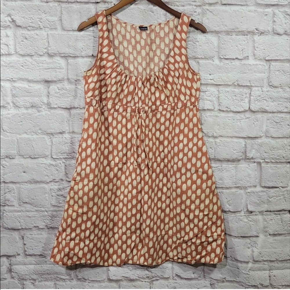 Patagonia Organic Hemp Rusted Red & Cream Smeared Polka Dot Sleeveless Dress,